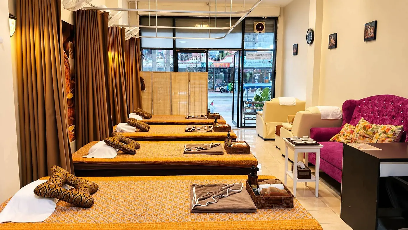 The bright Kai Sabai treatment room, seen from the front windows